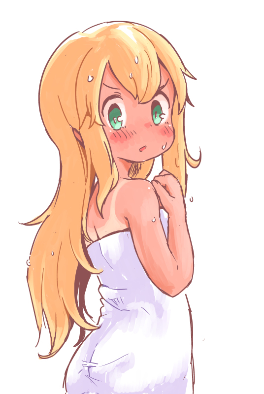 1girl ass blonde_hair blush green_eyes looking_at_viewer looking_back naked_towel nezumi_inu open_mouth rockman roll simple_background solo tan tanline towel very_long_hair wet white_background