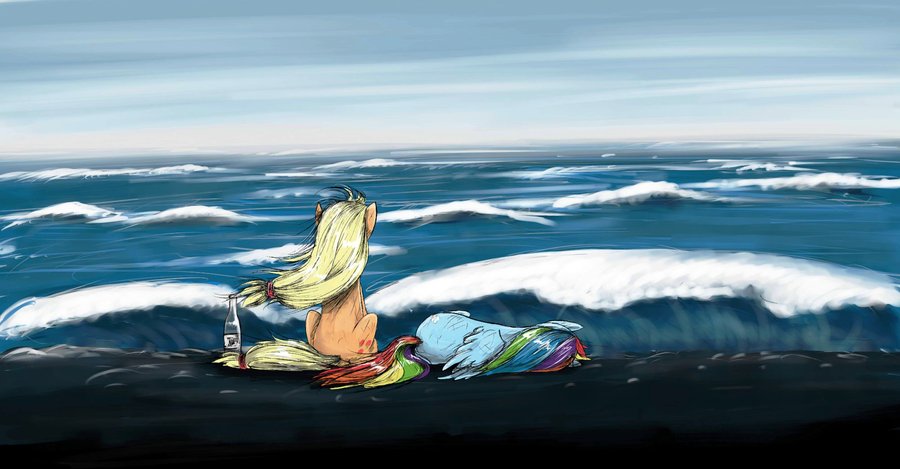 2girls applejack bad_end beach blonde_hair bottle cutie_mark death gradient gradient_background multiple_girls my_little_pony my_little_pony_friendship_is_magic ocean parody rainbow_dash rainbow_hair