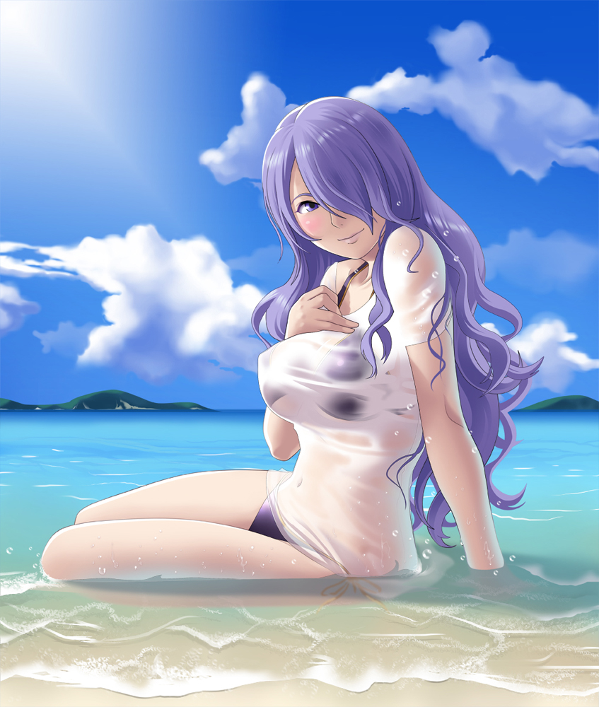 1girl beach bikini blue_sky blush breasts camilla_(fire_emblem_if) clouds covered_navel curly_hair fire_emblem fire_emblem_if hair_over_one_eye long_hair looking_at_viewer ocean partially_submerged purple_hair sand see-through shirt sitting sky smile solo sunlight swimsuit thor_(deep_rising) violet_eyes water wet wet_clothes wet_shirt