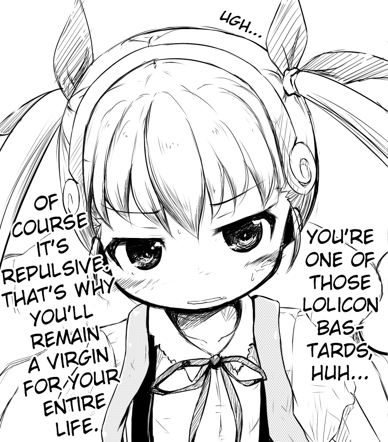 1girl bakemonogatari child goyouga-deann hachikuji_mayoi hard_translated long_hair monochrome monogatari_(series) nisemonogatari pedophile translated twintails