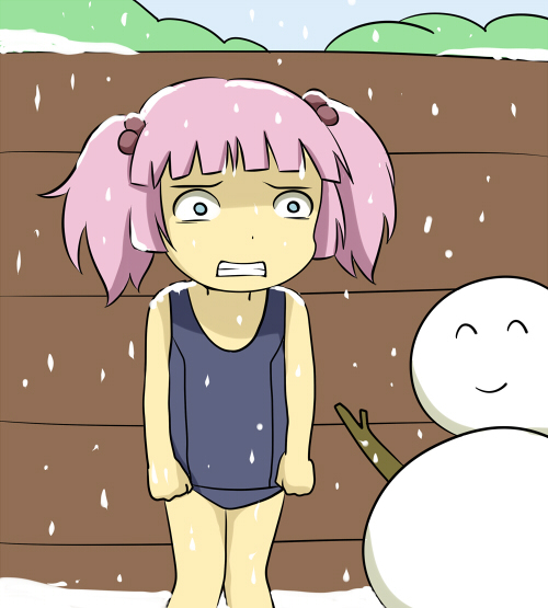 1girl ^_^ bangs blue_eyes closed_eyes cold hair_bobbles hair_ornament one-piece_swimsuit pink_hair shiitake_nabe_tsukami snow snowing snowman solo stick swimsuit trembling twintails yoshikawa_chinatsu yuru_yuri