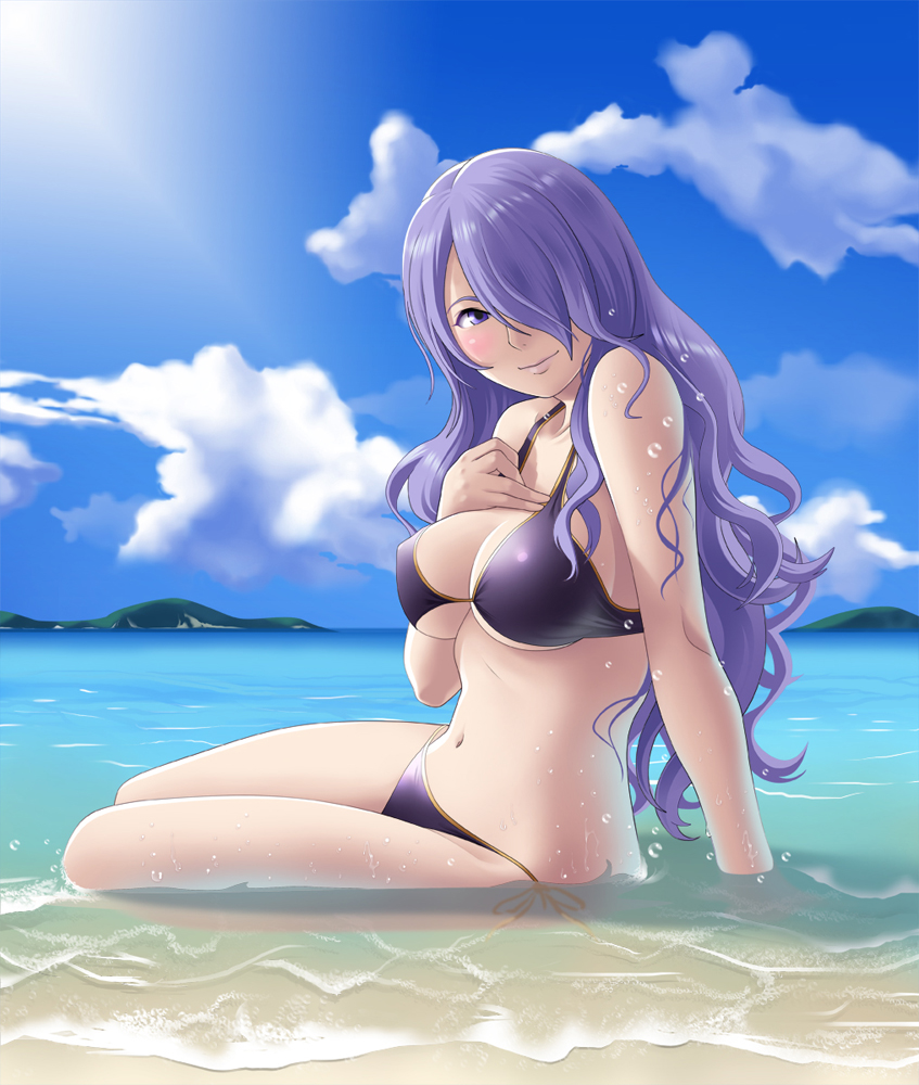 1girl beach bikini blue_sky blush breasts camilla_(fire_emblem_if) cleavage clouds curly_hair fire_emblem fire_emblem_if hair_over_one_eye large_breasts long_hair looking_at_viewer navel ocean partially_submerged purple_hair sand sitting sky smile solo stomach sunlight swimsuit thor_(deep_rising) under_boob violet_eyes water wet