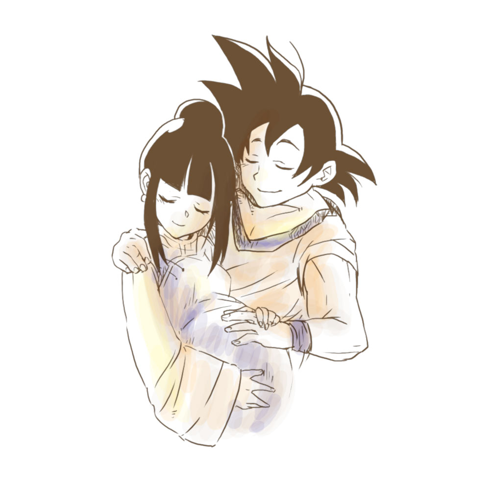 1boy 1girl black_hair chi-chi_(dragon_ball) china_dress chinese_clothes dragon_ball dragonball_z dress happy husband_and_wife ponytail pregnant short_hair simple_background smile son_gokuu spiky_hair