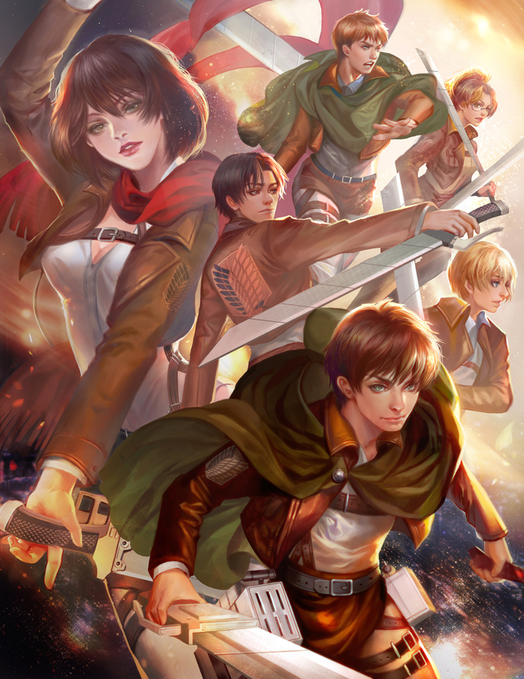 2girls 4boys armin_arlert belt black_hair blonde_hair blue_eyes dual_wielding emblem eren_yeager fire gradient gradient_background green_eyes hange_zoe highres jacket jean_kirchstein jewelry key leg_band levi_(shingeki_no_kyojin) maha_abdul_alaam mikasa_ackerman multiple_boys multiple_girls necklace scarf shingeki_no_kyojin sword violet_eyes weapon yang_fan