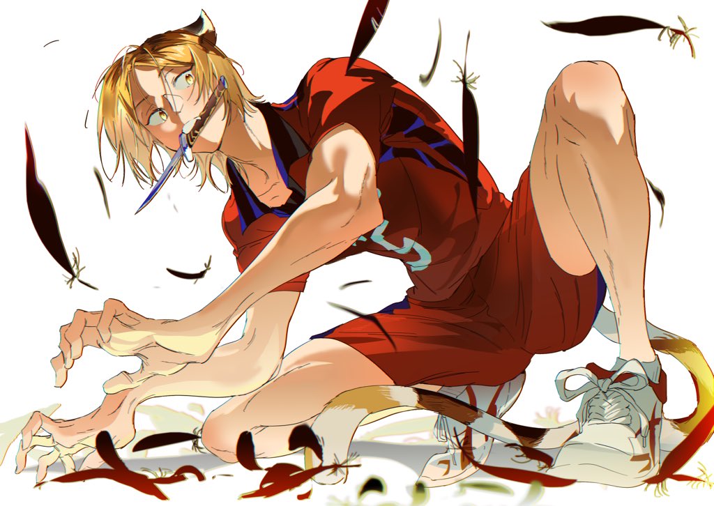 1boy animal_ears atie1225 black_hair blonde_hair cat_boy cat_ears cat_tail feathers haikyuu!! knife knife_in_mouth kozume_kenma male_focus multicolored_hair shoes short_hair simple_background sneakers solo sportswear tail two-tone_hair volleyball_uniform white_background white_footwear yellow_eyes