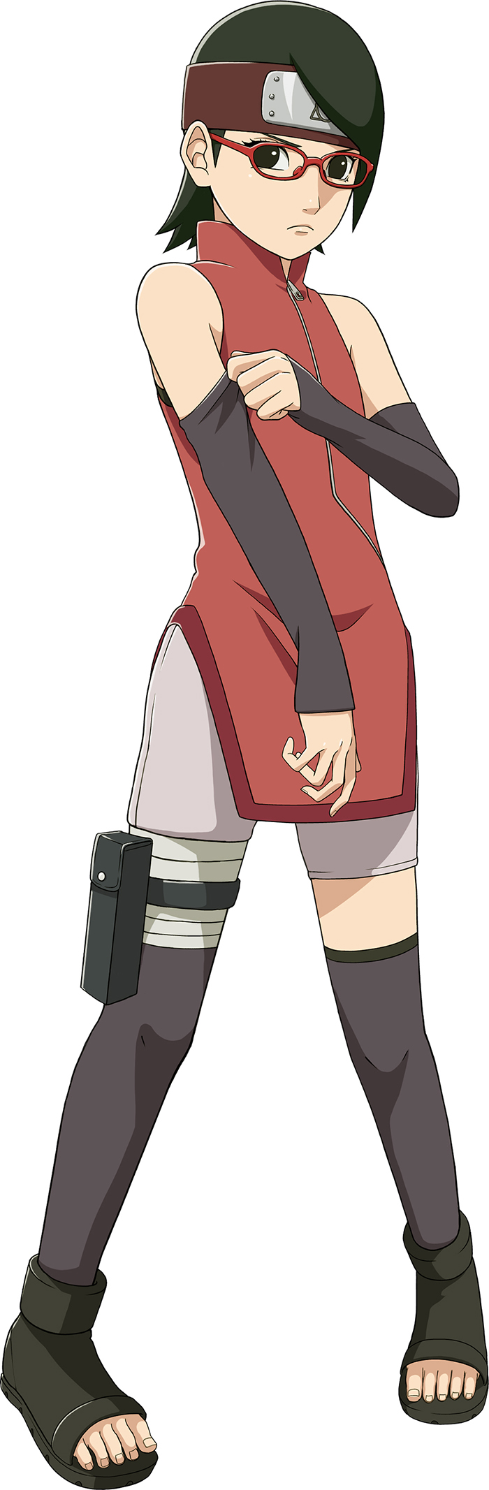 1girl arm_warmers bandage bare_shoulders black_eyes black_hair black_legwear black_shoes boruto:_the_movie eyelashes flat_chest forehead_protector full_body glasses looking_at_viewer naruto official_art pigeon-toed red-framed_glasses shoes short_hair shorts simple_background sleeveless solo standing thigh-highs thigh_holster toenails toes uchiha_sarada white_background zipper