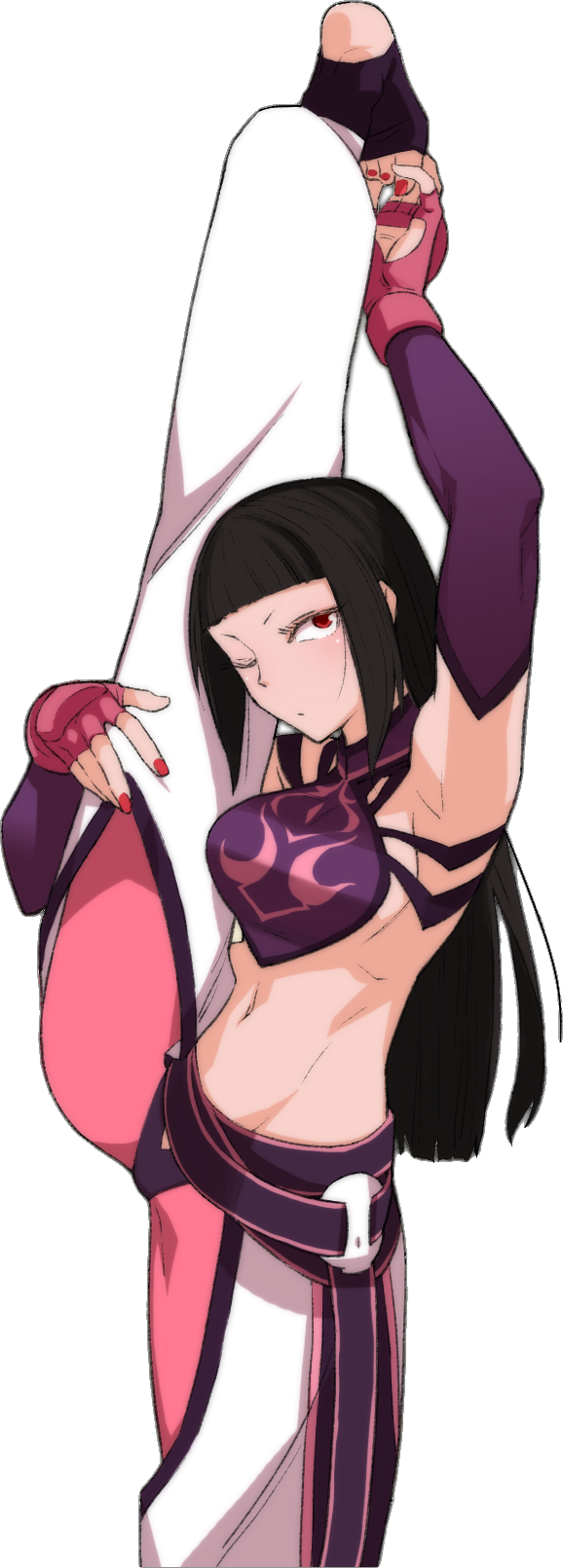 1girl artist_request black_hair han_juri hands_on_feet looking_at_viewer red_eyes simple_background solo street_fighter stretch