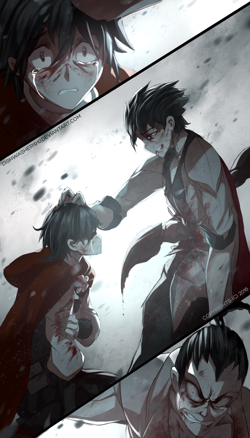 1girl 2boys angry bleeding blood cape crying dishwasher1910 dying hand_on_another's_head highres multiple_boys qrow_branwen ruby_rose rwby scorpion_tail tyrian uncle_and_niece