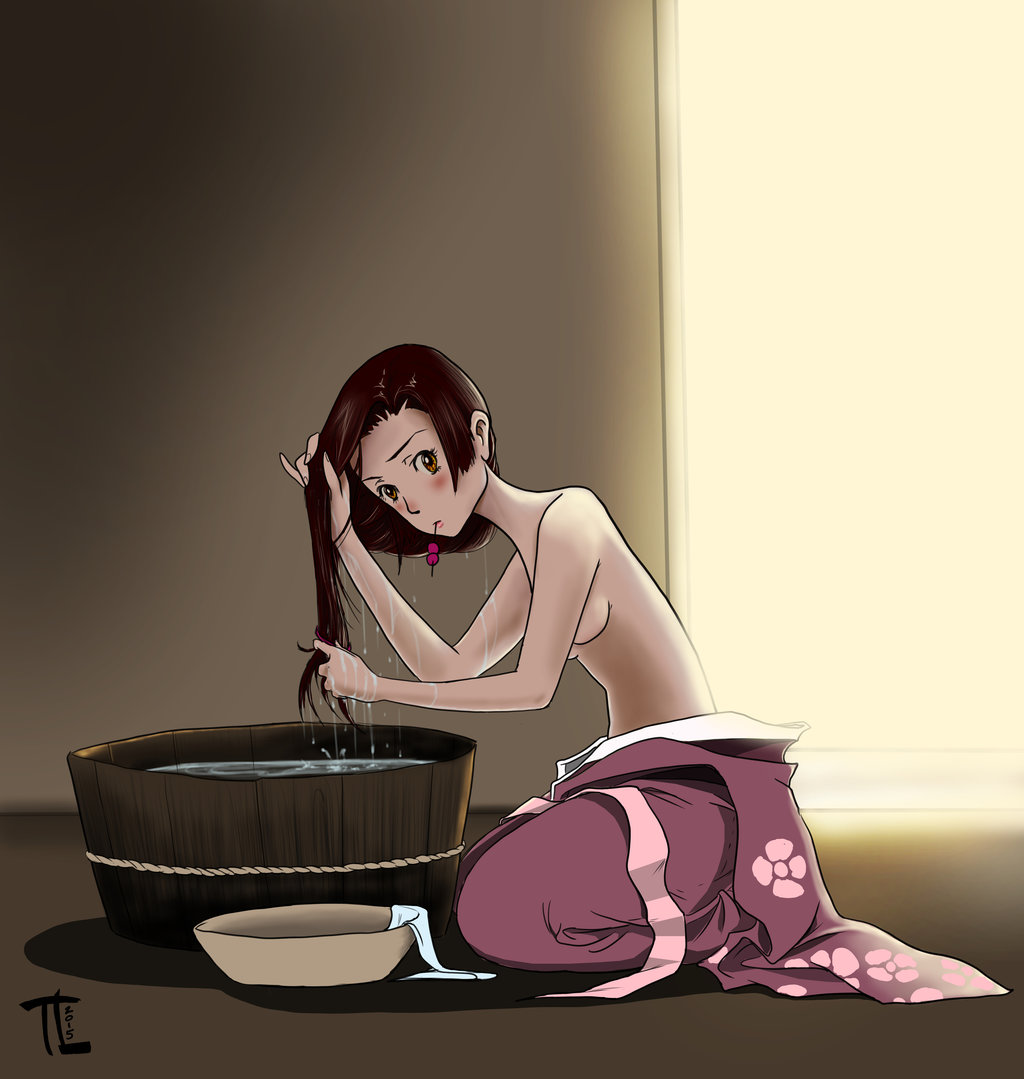 1girl artist_request brown_eyes brown_hair fuu gradient gradient_background japanese_clothes kimono samurai_champloo skinny solo tagme topless washing_hair water wet wet_hair yukata