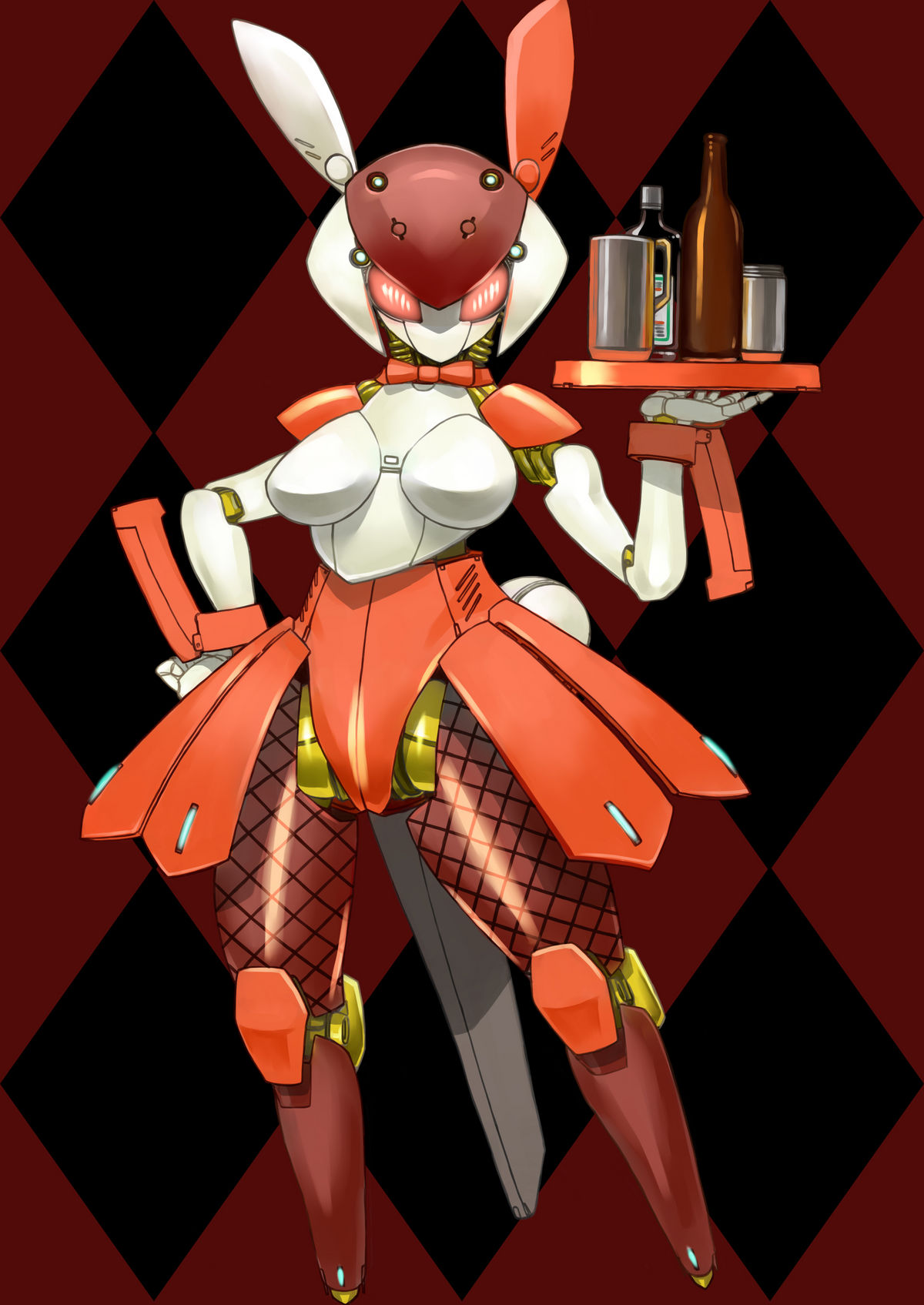 1girl argyle argyle_background artist_request breasts glowing glowing_eyes looking_at_viewer red_eyes robot robot_girl solo waitress