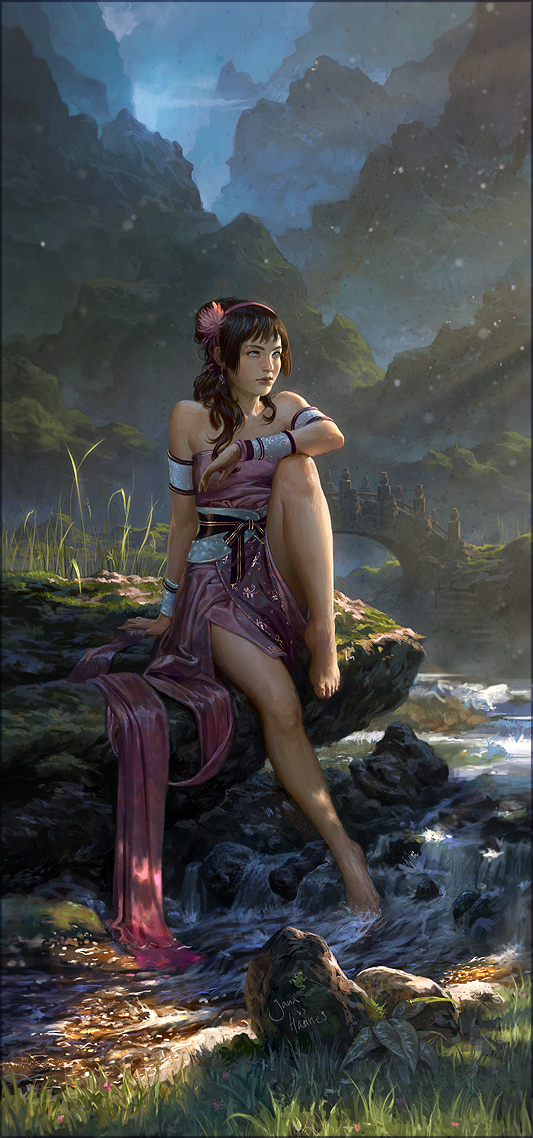 1girl armband avatar:_the_last_airbender avatar_(series) bangs bare_legs bare_shoulders barefoot black_hair blind blue_eyes bridge brown_hair chrysanthemum collaboration dress earrings earth feet feet_in_water flower grass hair_flower hair_ornament hairband headband jana_schirmer jewelry johannes_voss knee_up legs lips lipstick long_hair looking_away makeup mountain nature nickelodeon older on_ground outdoors petals pink_dress realistic river rock sash signature sitting soaking_feet solo strapless strapless_dress stream sunlight toph_bei_fong water white_eyes wrist_cuffs