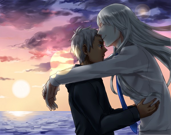 1boy 1girl absurdres closed_eyes formal gun highres johnathan_mar jormungand koko_hekmatyar long_hair looking_away necktie red_eyes sun water weapon white_hair