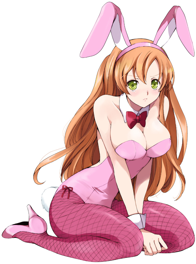 1girl animal_ears bare_shoulders blush bow bowtie breasts brown_hair bunny_girl bunny_tail bunnysuit cleavage code_geass cosplay detached_collar embarrassed fake_animal_ears fake_tail female fishnet_pantyhose fishnets green_eyes high_heels kneeling large_breasts leotard long_hair looking_at_viewer pantyhose pink_legwear rabbit_ears shirley_fenette simple_background solo tail tears wrist_cuffs