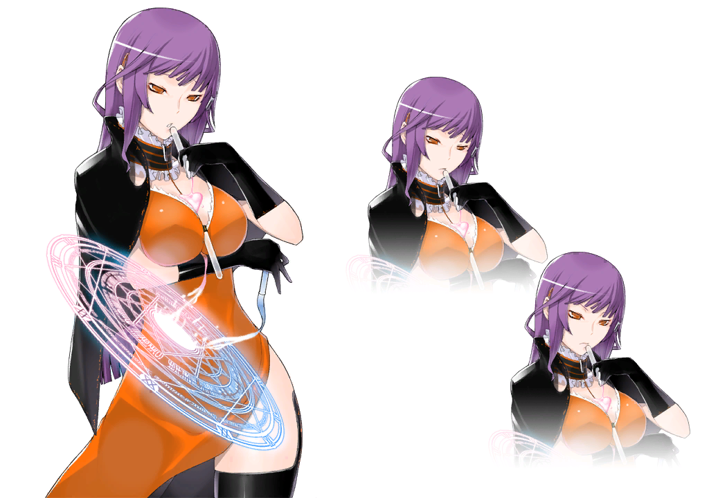 1girl arm_under_breasts between_breasts black_cape black_gloves breasts caladrius cape choker cleavage dress frilled_choker frills gloves large_breasts long_gloves long_hair official_art orange_dress orange_eyes purple_hair simple_background sophia_fulancelli test_tube thigh-highs thighs yasuda_suzuhito