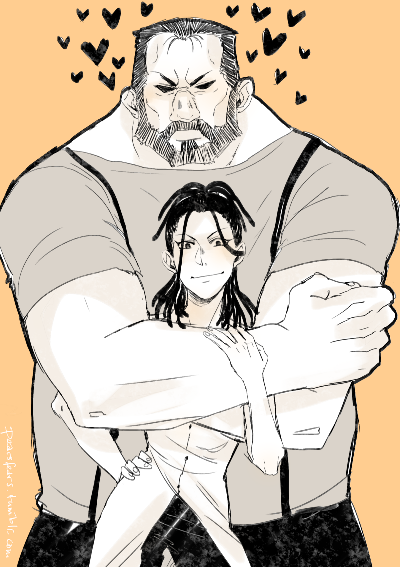 1boy 1girl beard biceps facial_hair fullmetal_alchemist hair_up hairlocs hug hug_from_behind husband_and_wife izumi_curtis monochrome muscle pearsfears sig_curtis size_difference