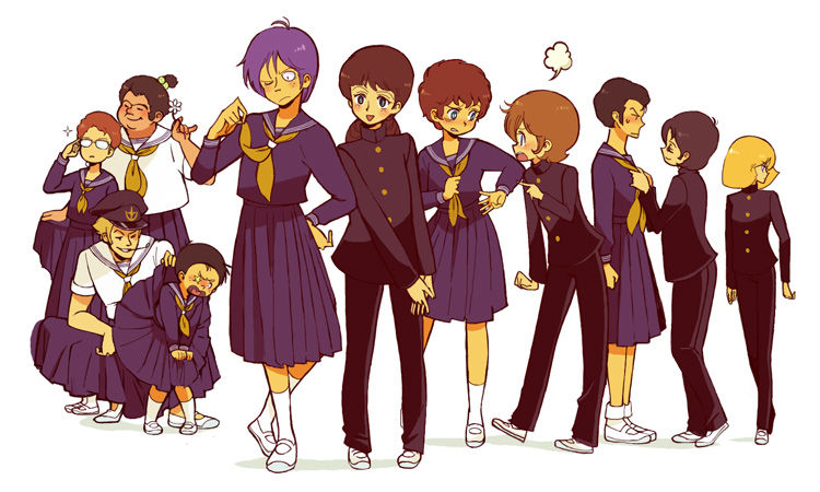 4girls 6+boys amuro_ray black_hair blonde_hair bright_noa brown_hair crossdressinging flower frau_bow gundam hayato_kobayashi kai_shiden marker_(gundam) miharu_ratoki mirai_yashima mobile_suit_gundam multiple_boys multiple_girls purple_hair ryu_jose sayla_mass school_uniform sleggar_law uniform