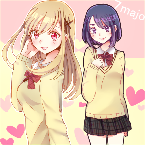 2girls blonde_hair blush breasts heart heart_background lips long_hair multiple_girls odagiri_nene pink_eyes purple_hair ribbon school_uniform shiraishi_urara short_hair simple_background skirt smile violet_eyes yamada-kun_to_7-nin_no_majo