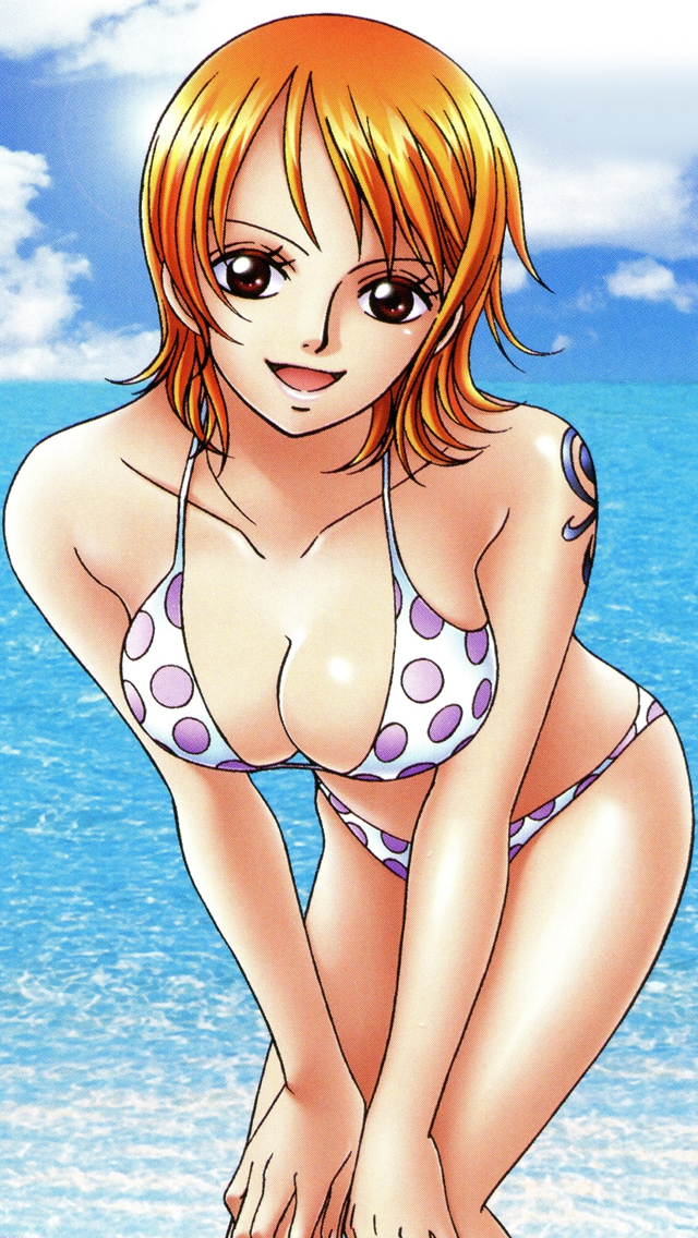 1girl :d arm artist_request bare_legs bare_shoulders bikini breasts brown_eyes cleavage clouds collarbone female gradient gradient_background hands_on_knees inoue_eisaku large_breasts leaning leaning_forward legs looking_at_viewer midriff nami_(one_piece) ocean one_piece open_mouth orange_hair polka_dot polka_dot_bikini polka_dot_swimsuit short_hair sky smile solo swimsuit tattoo v_arms water white_bikini white_swimsuit
