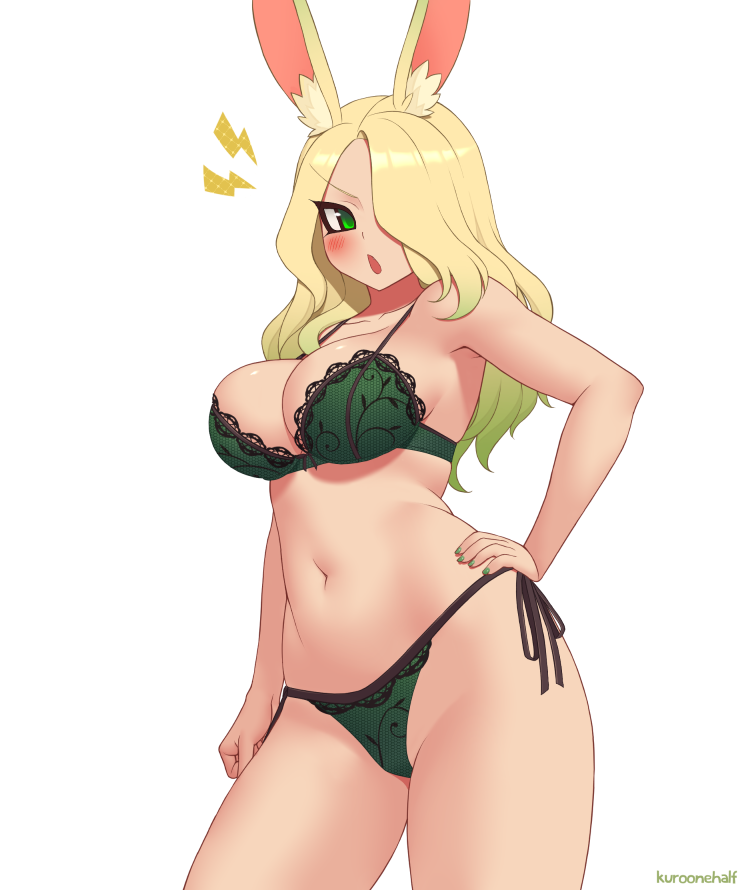 1girl angry animal_ears artist_name blonde_hair blush bra breasts collarbone commentary commission contrapposto cowboy_shot english_commentary eyebrows_visible_through_hair final_fantasy final_fantasy_xiv gradient_hair green_bra green_eyes green_hair green_nails green_panties hair_over_one_eye hand_on_hip kuroonehalf large_breasts lightning_bolt lingerie long_hair looking_at_viewer multicolored_hair navel open_mouth panties rabbit_ears side-tie_panties simple_background solo stomach underwear v-shaped_eyebrows viera white_background