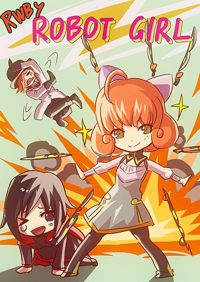 &gt;_o 1boy 2girls android gloves hat moai_(moai_world) multiple_girls one_eye_closed open_mouth orange_hair penny_(rwby) roman_torchwick ruby_rose rwby short_hair simple_background wink