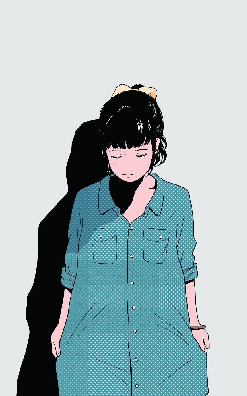 1girl bangs black_hair blue_shirt blunt_bangs blush bow bracelet buttons closed_eyes collared_shirt female frown grey_background hair_bow hosoo jewelry original polka_dot sad shadow shirt shirt_tug simple_background solo standing wristband yellow_bow