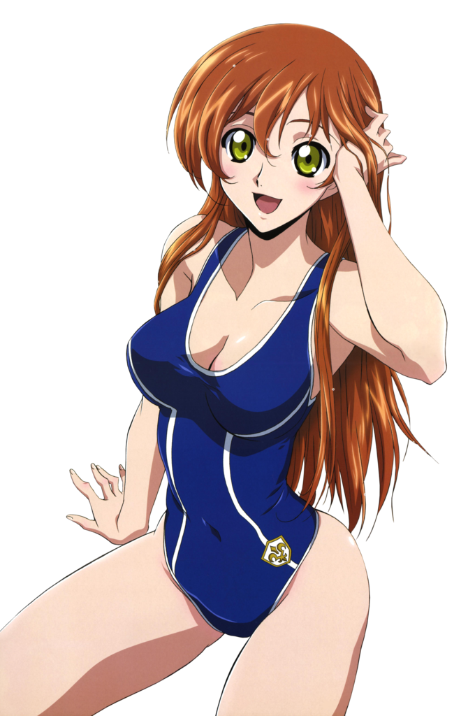 1girl :d adjusting_hair arm_support arm_up blush breasts brown_hair cleavage clothed_navel code_geass female gloves green_eyes hair_between_eyes hand_in_hair hand_on_head happy highres large_breasts long_hair looking_at_viewer navel official_art one-piece_swimsuit open_mouth photoshop render shirley_fenette simple_background single_vertical_stripe sitting smile solo swimsuit thighs transparent_background wet_hair wide_hips