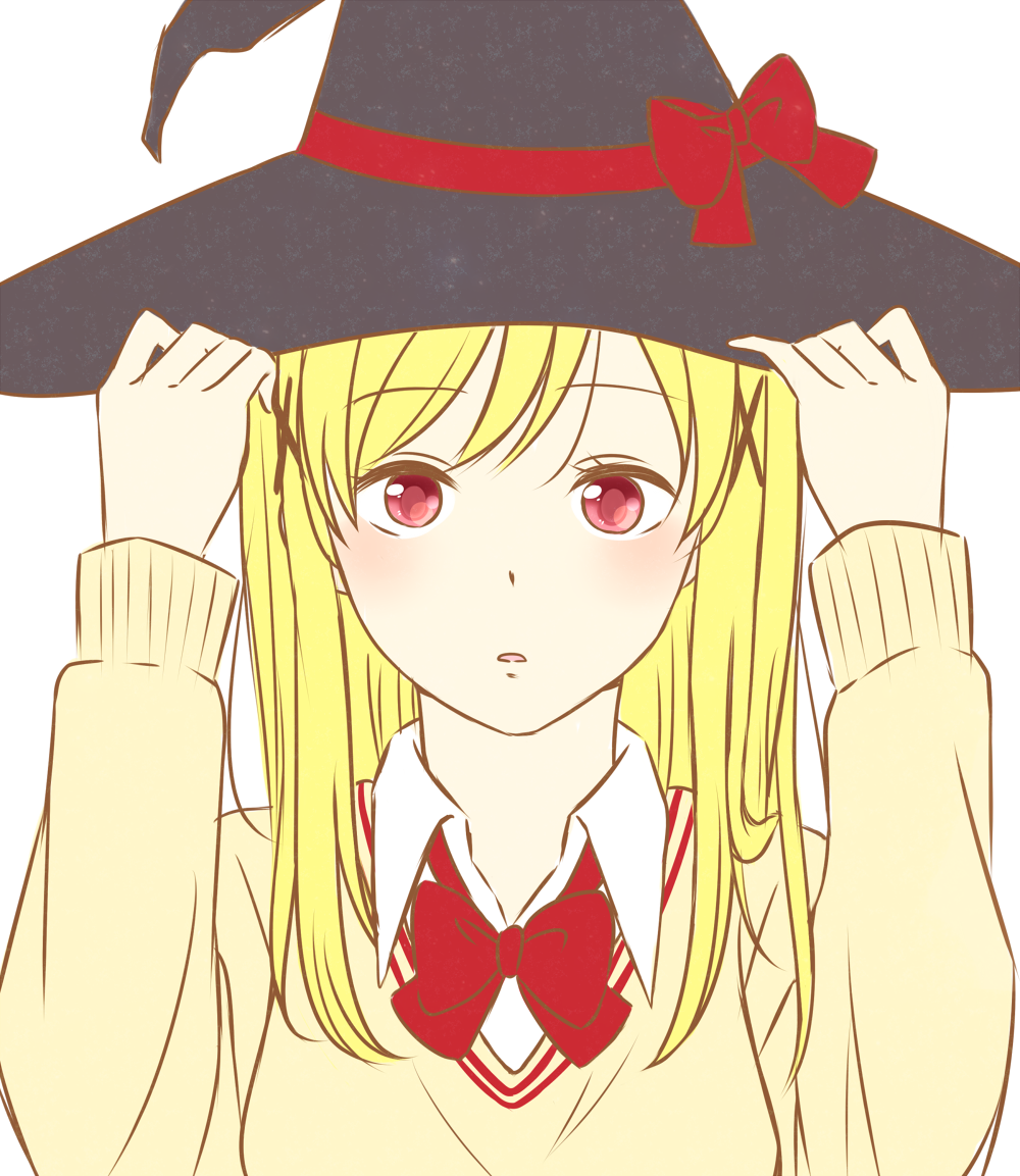 1girl blonde_hair blush breasts hat long_hair open_mouth red_eyes ribbon school_uniform shiraishi_urara simple_background solo witch_hat yamada-kun_to_7-nin_no_majo