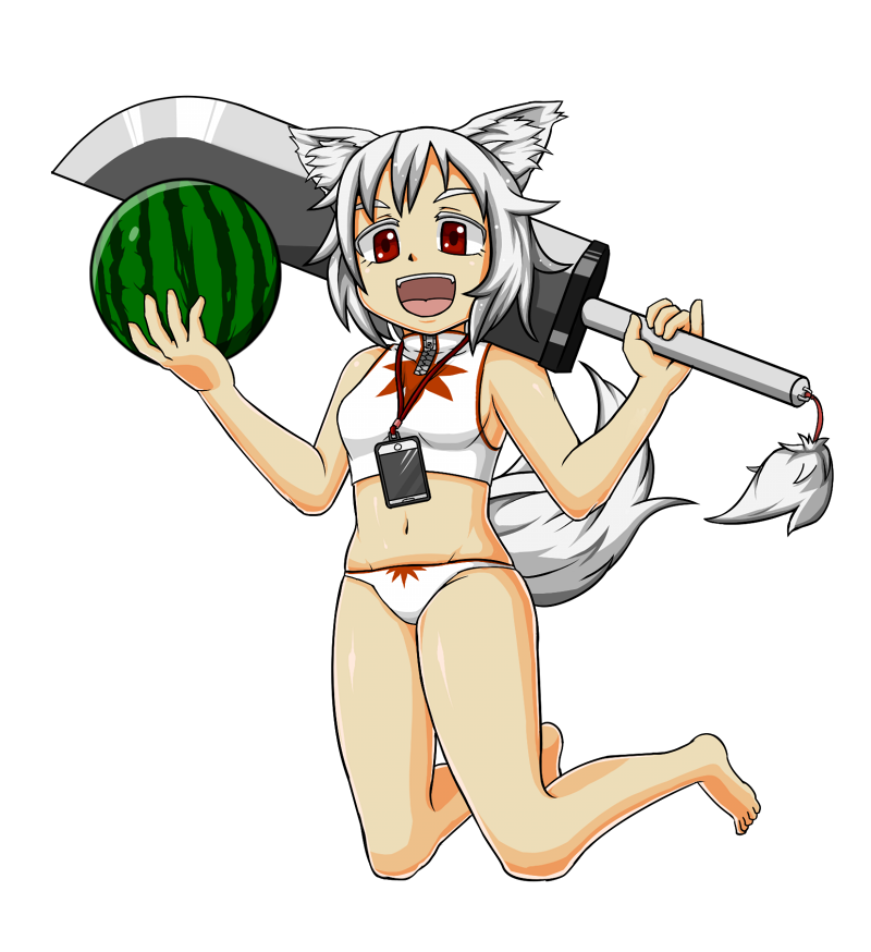 1girl animal_ears barefoot cellphone colored_eyelashes full_body inubashiri_momiji marisa_to_alice_no_cookie_storia navel open_mouth over_shoulder phone red_eyes short_hair silver_hair simple_background smartphone solo swimsuit sword sword_over_shoulder tail takenoko_lv9 touhou transparent_background watermelon_beach_ball weapon weapon_over_shoulder white_eyelashes