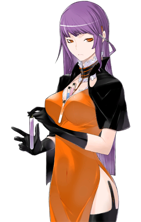 1girl between_breasts black_cape black_gloves breasts caladrius cape choker cleavage dress female frilled_choker frills gloves large_breasts long_gloves long_hair official_art orange_dress orange_eyes purple_hair simple_background solo sophia_fulancelli test_tube thigh-highs thighs yasuda_suzuhito