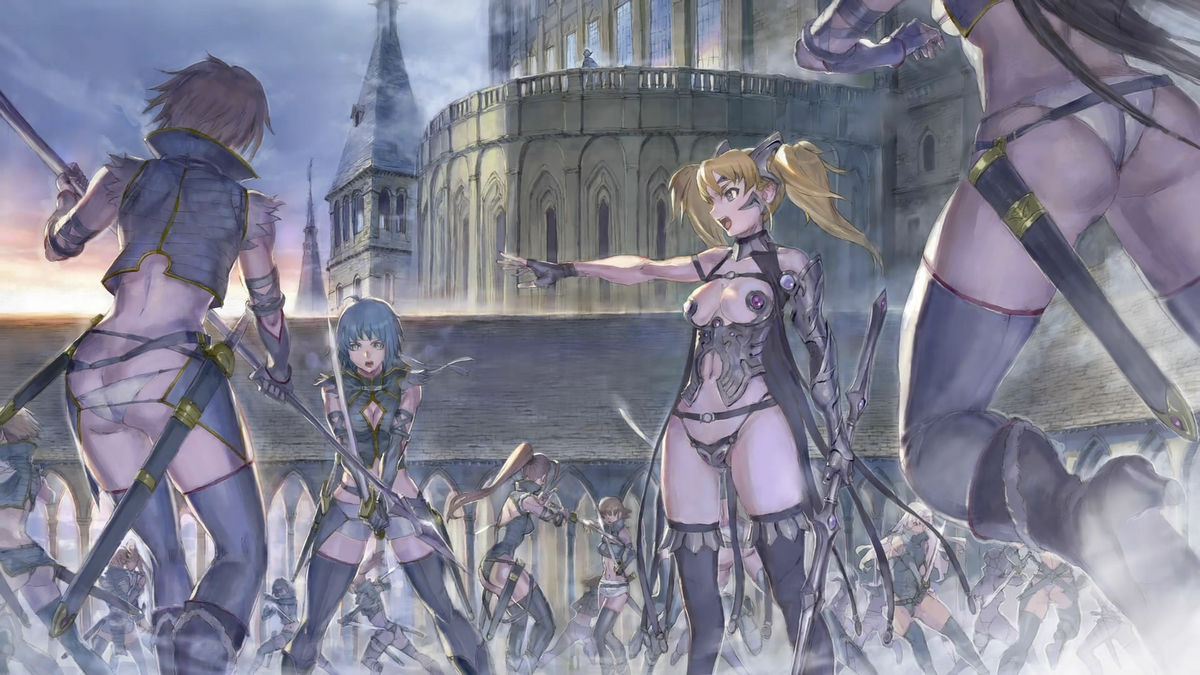 armor ass bare_shoulders bikini_armor blonde_hair blue_eyes bra breasts character_request detached_sleeves earrings elina epic female gauntlets hair_ornament high_heels highleg hobby_japan jewelry large_breasts long_hair lost_worlds multiple_girls navel open_clothes panties queen's_blade queen's_blade_rebellion sky standing sword thigh-highs thighs underwear war weapon