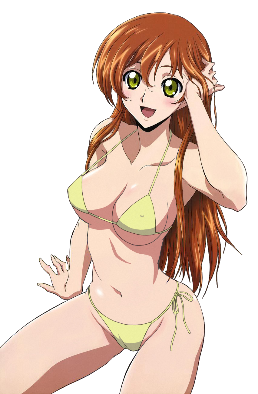 1girl :d absurdres adjusting_hair arm_up bangs bikini blush breasts brown_hair code_geass female gloves green_eyes hair_between_eyes hand_on_head happy highres large_breasts long_hair looking_at_viewer navel nipples official_art open_mouth photoshop render shirley_fenette simple_background single_vertical_stripe sitting smile solo spread_legs swim_cap swimsuit thighs wet_hair wide_hips