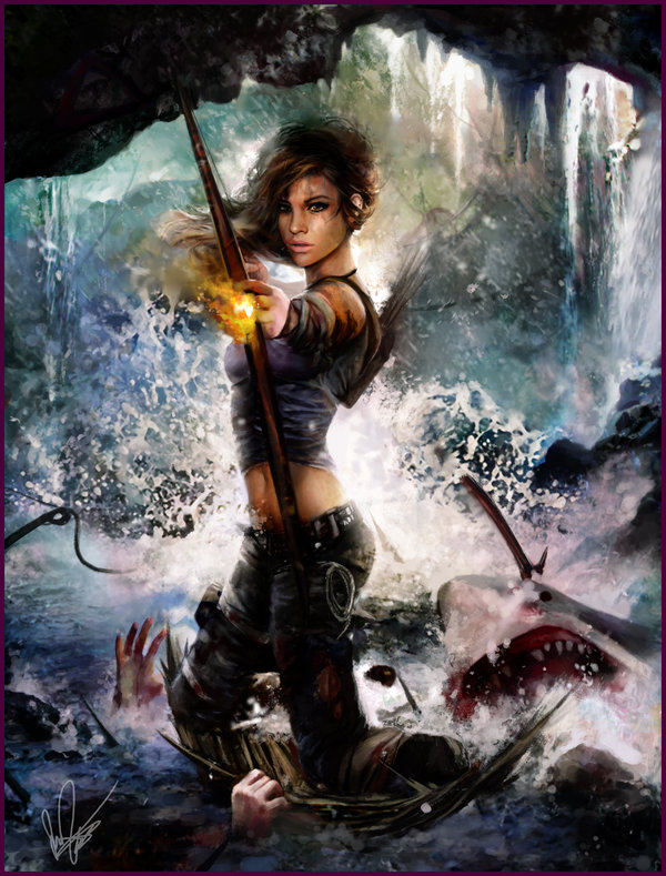 1girl animal blood bow_(weapon) brown_eyes brown_hair cave fire gun lara_croft long_hair shark solo standing tank_top tomb_raider water weapon