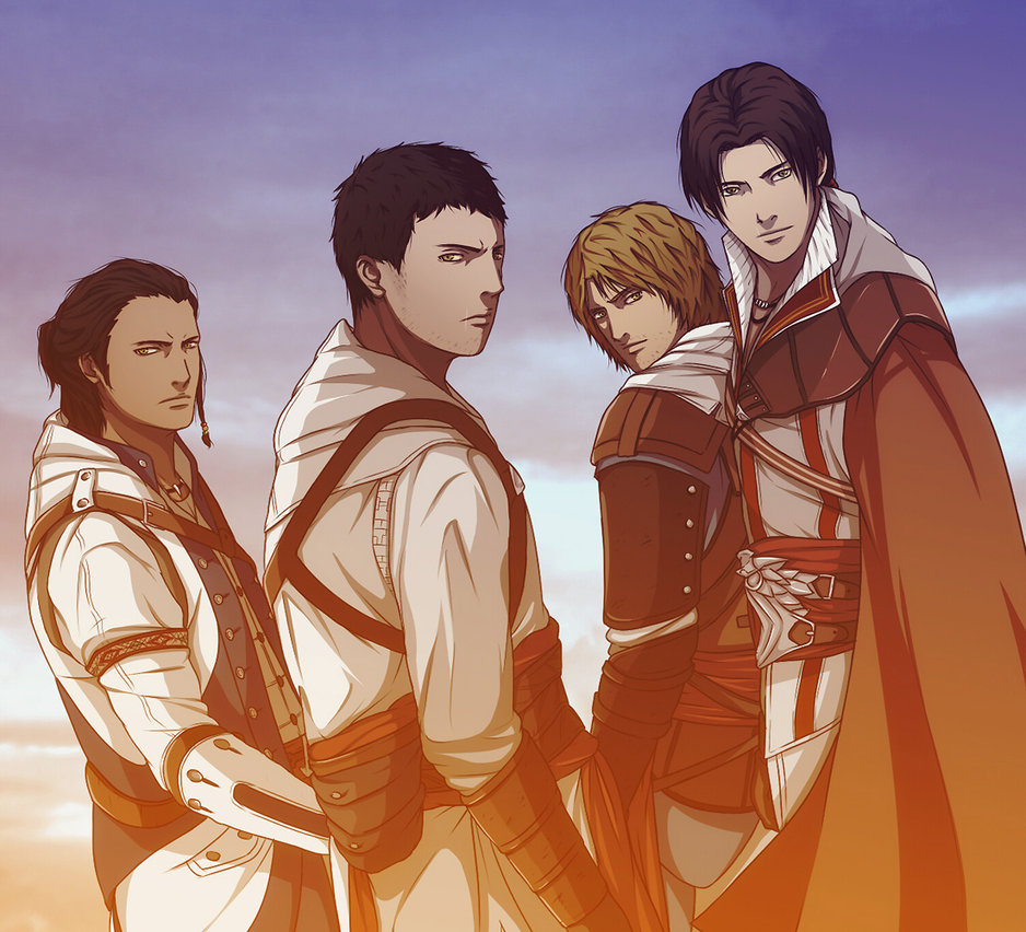 4boys altair_ibn_la-ahad assassin's_creed assassin's_creed_(series) assassin's_creed_ii assassin's_creed_iii assassin's_creed_iv:_black_flag blonde_hair brown_hair cape connor_kenway edward_kenway epic ezio_auditore_da_firenze gradient gradient_background looking_at_viewer multiple_boys short_hair sky standing