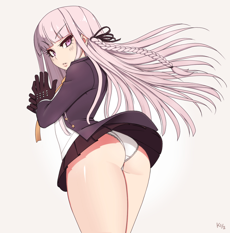 1girl ass dangan_ronpa dangan_ronpa_1 from_behind gloves jacket kirigiri_kyouko kuroonehalf lavender_eyes lavender_hair looking_back open_clothes open_jacket panties pantyshot pantyshot_(standing) school_uniform shiny shiny_skin simple_background skirt solo standing underwear wedgie white_panties