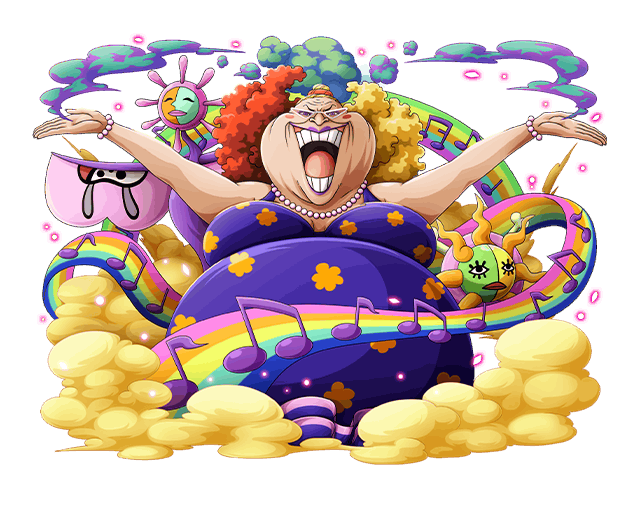 1girl blonde_hair bodskih bracelet breasts cleavage curly_hair fat glasses jewelry jora_(one_piece) lipstick long_hair makeup multicolored_hair musical_note necklace official_art one_piece open_mouth orange_hair rainbow solo teeth transparent_background two-tone_hair violet_eyes