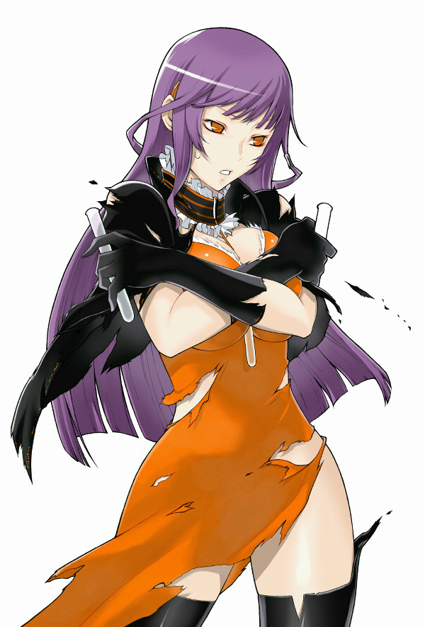 1girl between_breasts black_cape black_gloves breast_press breasts caladrius cape choker cleavage dress female frilled_choker frills gloves large_breasts long_gloves long_hair official_art orange_dress orange_eyes purple_hair simple_background solo sophia_fulancelli test_tube thigh-highs thighs torn_clothes torn_dress yasuda_suzuhito