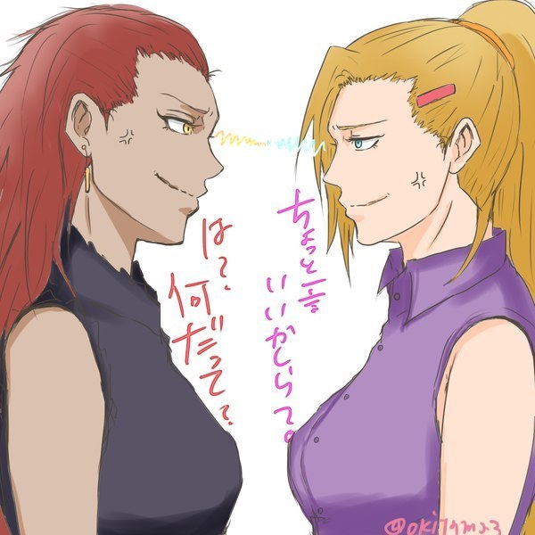 2girls anger_vein angry aqua_eyes artist_name bare_shoulders blonde_hair breasts earrings eye_contact glare half-closed_eyes jewelry karui long_hair looking_at_another multiple_girls naruto profile redhead simple_background sleeveless staring text translation_request white_background yamanaka_ino yellow_eyes