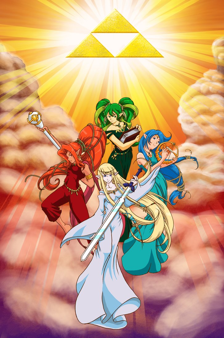 4girls blonde_hair blue_hair din farore green_hair hylia instrument multiple_girls nayru redhead sword the_legend_of_zelda the_legend_of_zelda:_oracle_of_ages the_legend_of_zelda:_oracle_of_seasons the_legend_of_zelda:_skyward_sword