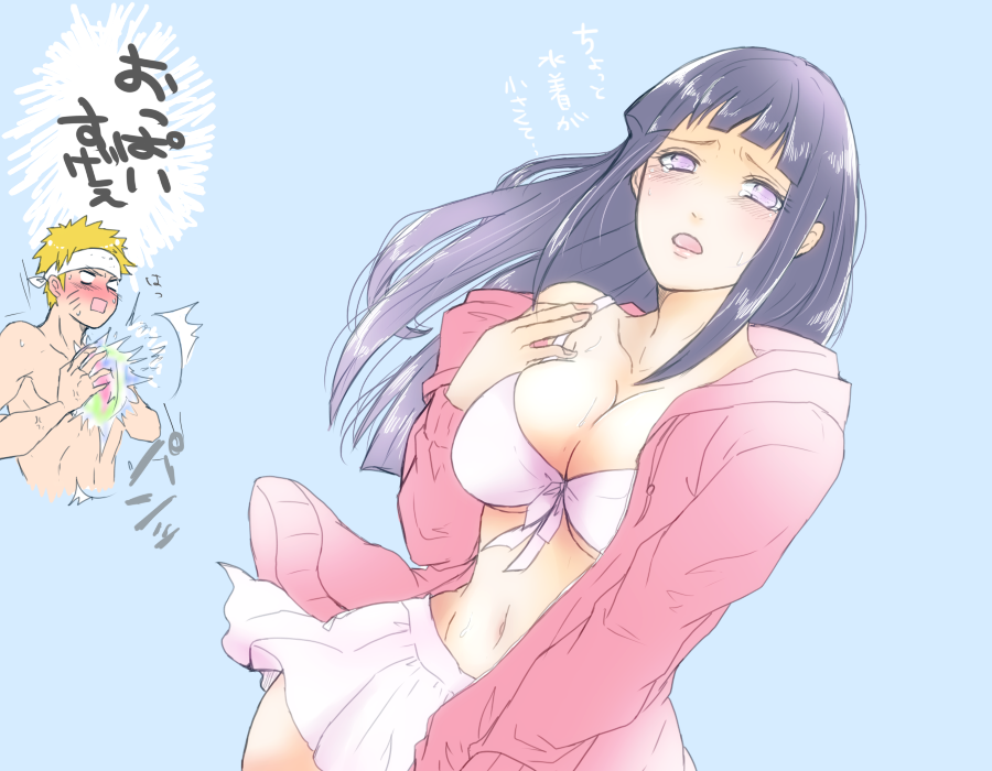 1boy 1girl bikini blush breasts cleavage curvy grey_eyes hime_cut hood hoodie hyuuga_hinata large_breasts long_hair naruto naruto:_the_last navel open_clothes open_mouth oretto_(ring) purple_hair simple_background swimsuit translated uzumaki_naruto wide_hips