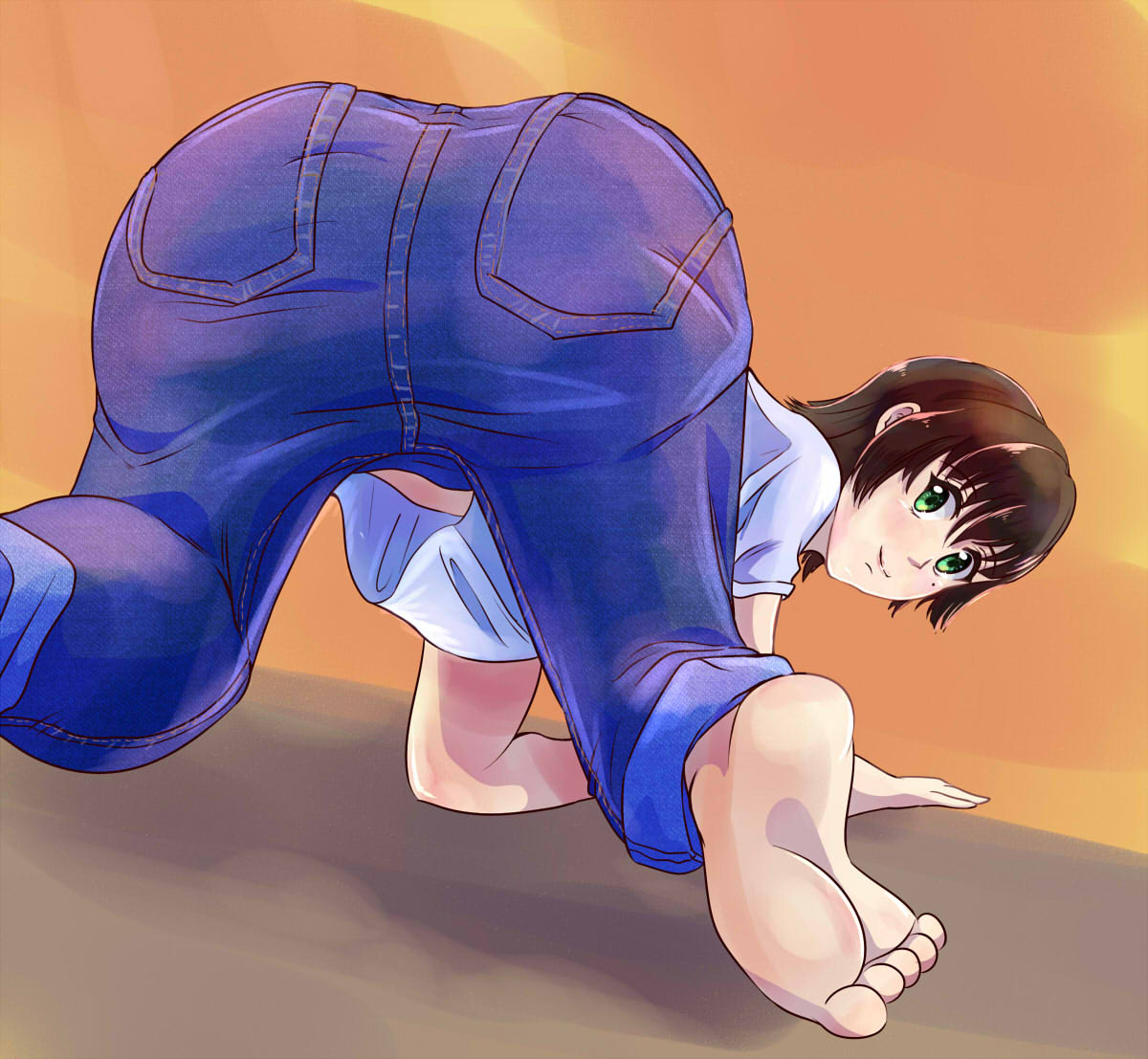 1girl all_fours ass barefoot blush brown_hair denim feet from_behind gradient gradient_background green_eyes jeans looking_back milf original pants short_hair smile solo toes uwa~a