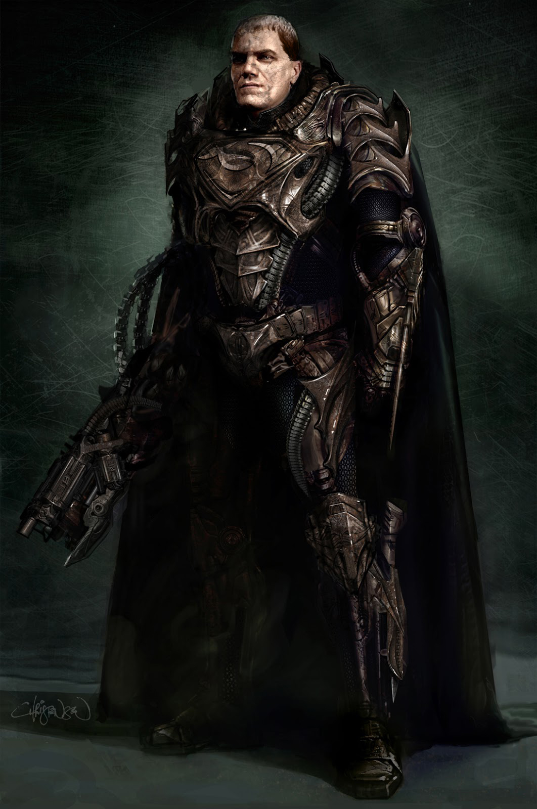 1boy alien armor brown_eyes cape crest dc_comics dccu dru-zod family_crest full_armor full_body gauntlets gradient gradient_background gun knife kryptonian looking_at_viewer male_focus man_of_steel realistic short_hair solo standing superman_(series) weapon