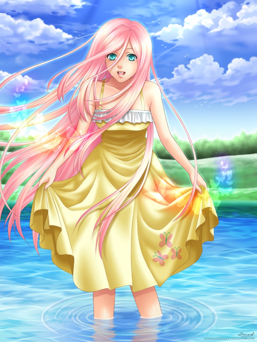 1girl animal bird dress earrings fluttershy green_eyes jewelry long_hair my_little_pony my_little_pony_friendship_is_magic personification pink_hair sky smile standing tree water