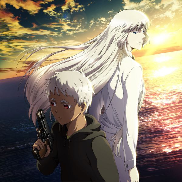 1boy 1girl blue_eyes formal gun highres johnathan_mar jormungand koko_hekmatyar long_hair looking_away necktie official_art red_eyes weapon white_hair