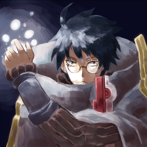 1boy black_background blue_eyes blue_hair cloak glasses glowing gradient gradient_background half_opaque_glasses high_collar log_horizon opaque_glasses shiroe short_hair solo