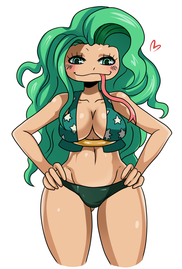 1girl amazon amazon_lily bikini boa_sandersonia breasts eric_lowery female green_eyes green_hair large_breasts long_hair navel one_piece simple_background smile solo swimsuit tongue underwear very_long_hair white_background