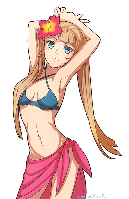 1girl armpits bare_shoulders bikini blue_eyes breasts brown_hair cleavage coma2 elle_mel_martha flower long_hair mound_of_venus navel simple_background smile solo swimsuit tales_of_(series) tales_of_xillia_2 twintails
