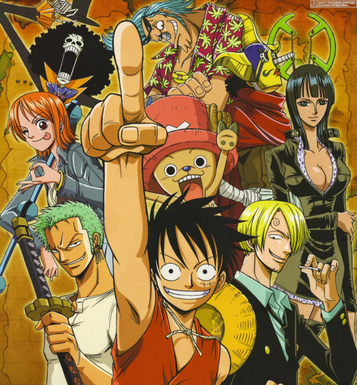 2girls 6+boys black_eyes black_hair blonde_hair blue_hair breasts brook cigarette cleavage drugs franky green_hair hat looking_at_viewer monkey_d_luffy multiple_boys multiple_girls nami_(one_piece) nico_robin one_piece orange_hair roronoa_zoro sanji straw_hat sword tony_tony_chopper usopp weapon