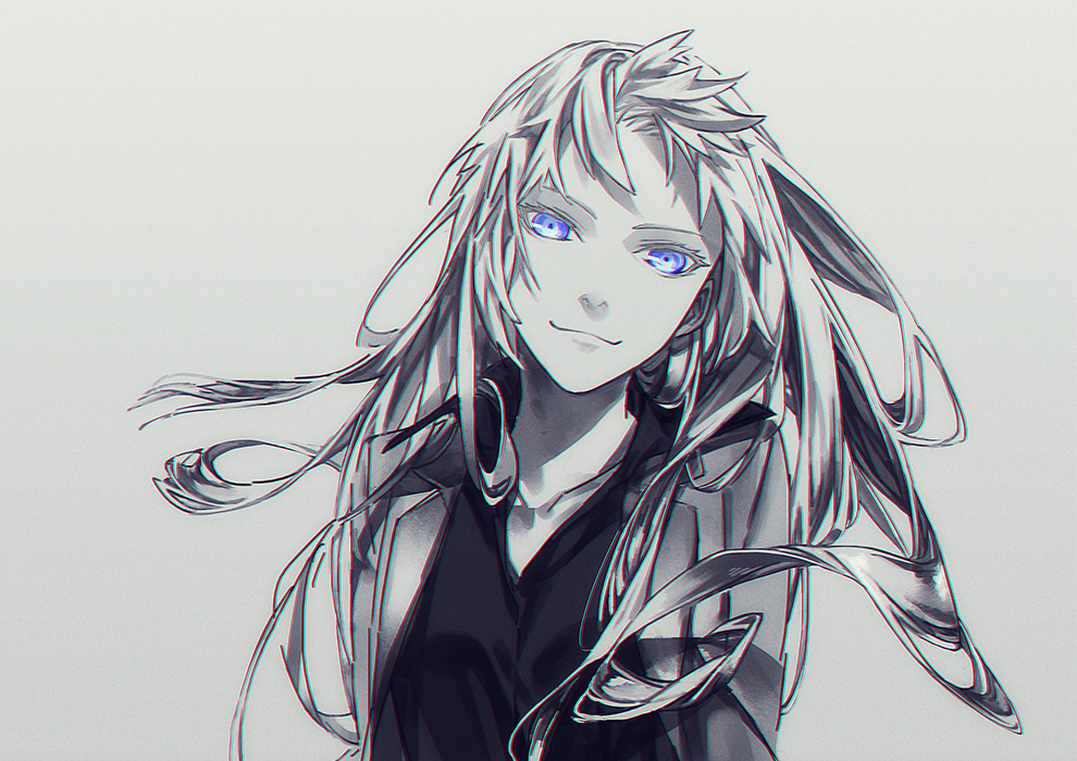 1girl blue_eyes highres jacket jormungand koko_hekmatyar long_hair looking_at_viewer monochrome smile white_hair