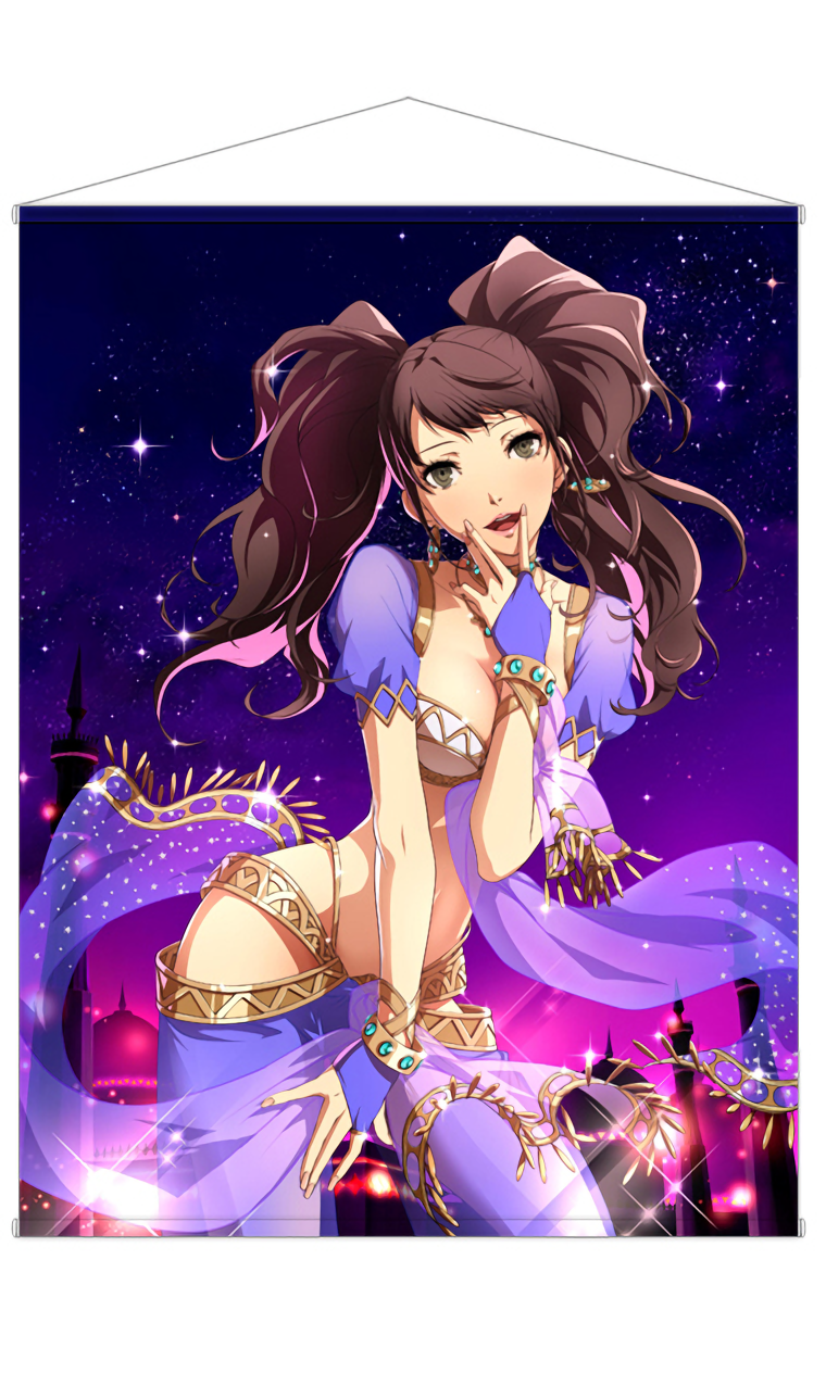 1girl alternate_costume arabian_clothes atlus belly_dancer breasts brown_eyes brown_hair cleavage gradient gradient_background kujikawa_rise long_hair looking_at_viewer megami_tensei midriff navel night night_sky official_art open_mouth persona persona_4 persona_4:_dancing_all_night shawl shin_megami_tensei sky solo standing starry_sky