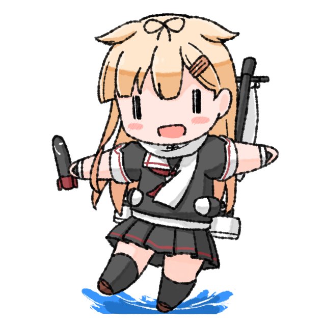 1girl black_ribbon black_serafuku black_skirt blonde_hair blush_stickers commentary_request hair_flaps hair_ribbon holding holding_torpedo kantai_collection long_hair machinery neckerchief outstretched_arms pleated_skirt poipoi_purin red_neckerchief ribbon scarf school_uniform serafuku simple_background skirt smile solo torpedo white_background white_scarf yuudachi_(kancolle) yuudachi_kai_ni_(kancolle) |_|